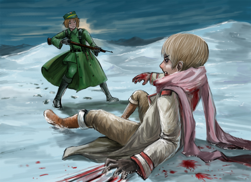 2boys angry axis_powers_hetalia bleeding blonde_hair blood boots cap gloves gun injury lying male_focus military_uniform multiple_boys night outdoors poland_(hetalia) russia_(hetalia) scarf shot snow war weapon winter