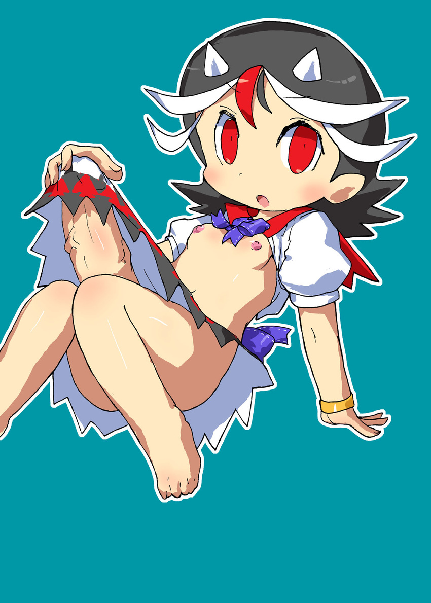 1girl aqua_background arm_support barefoot black_hair bracelet breasts erection futanari gomi_ichigo kijin_seija large_penis looking_at_viewer navel nipples no_panties open_mouth outline penis penis_grab red_eyes short_hair simple_background small_breasts solo touhou veins veiny_penis white_outline