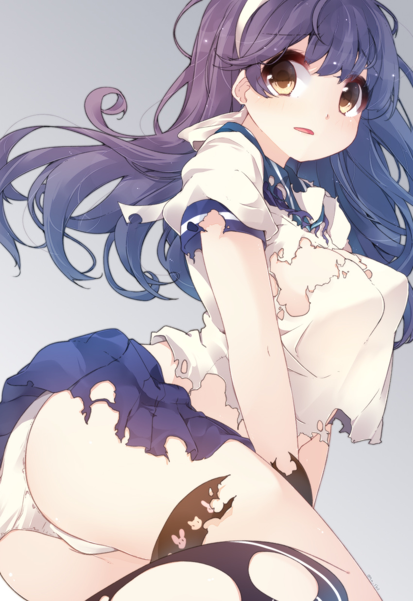 animal_print arm_support ass bangs blue_hair blue_skirt breasts bunny_print commentary_request eyebrows_visible_through_hair fuuen_(akagaminanoka) grey_background hairband highres kantai_collection large_breasts long_hair looking_at_viewer no_bra open_mouth panties pleated_skirt remodel_(kantai_collection) school_uniform serafuku shirt short_sleeves simple_background sitting skirt socks solo torn_clothes torn_shirt torn_skirt twisted_torso twitter_username underwear ushio_(kantai_collection) white_panties yellow_eyes yokozuwari