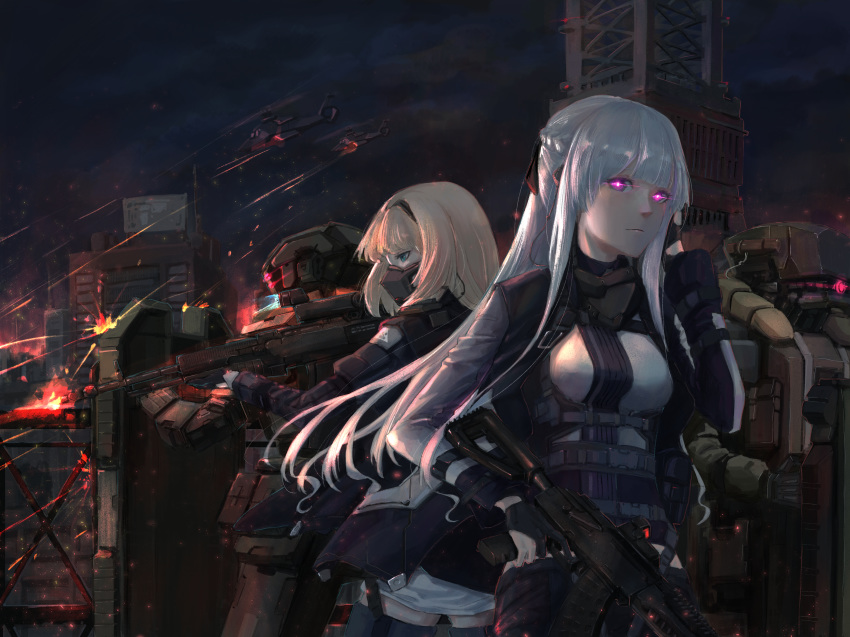 2girls absurdres aircraft ak-12 ak-12_(girls_frontline) an-94 an-94_(girls_frontline) areaaaron assault_rifle bangs belt belt_buckle black_gloves blonde_hair blue_eyes braid buckle cape closed_mouth french_braid girls_frontline gloves glowing glowing_eyes gun hair_ornament hairband hand_up headgear helicopter highres holding holding_gun holding_weapon huge_filesize jacket long_hair long_sleeves looking_at_viewer mask military multiple_girls night night_sky purple_eyes ribbon rifle scope sidelocks silver_hair sky trigger_discipline very_long_hair weapon