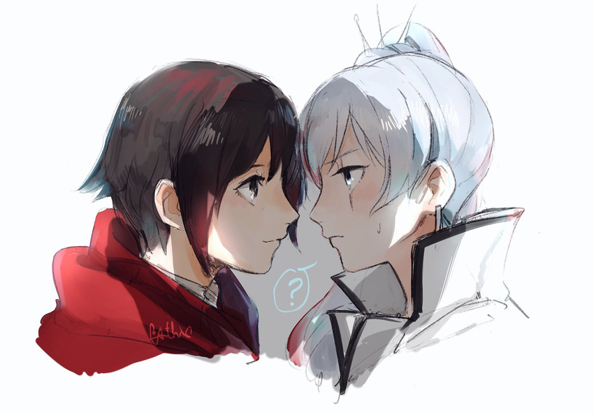 2girls black_hair face_to_face lol_(7819977) long_hair looking_at_another multiple_girls ponytail ruby_rose rwby short_hair weiss_schnee white_hair yuri