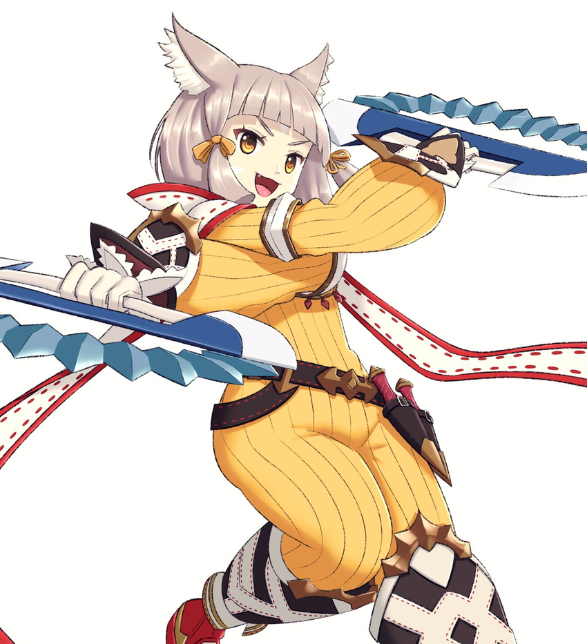 :3 :d animal_ears bangs belt black_belt blunt_bangs bodysuit cat_ears dagger diamond_(shape) dual_wielding fang gloves gonzarez hair_ribbon highres holding holding_weapon hood hood_down knees_together_feet_apart leg_up long_sleeves loose_belt niyah open_mouth ribbed_bodysuit ribbon ribbon-trimmed_clothes ribbon_trim sheath sheathed short_hair silver_hair simple_background smile solo standing standing_on_one_leg tongue tsurime v-shaped_eyebrows weapon white_background white_gloves x_arms xenoblade_(series) xenoblade_2 yellow_bodysuit yellow_eyes yellow_ribbon