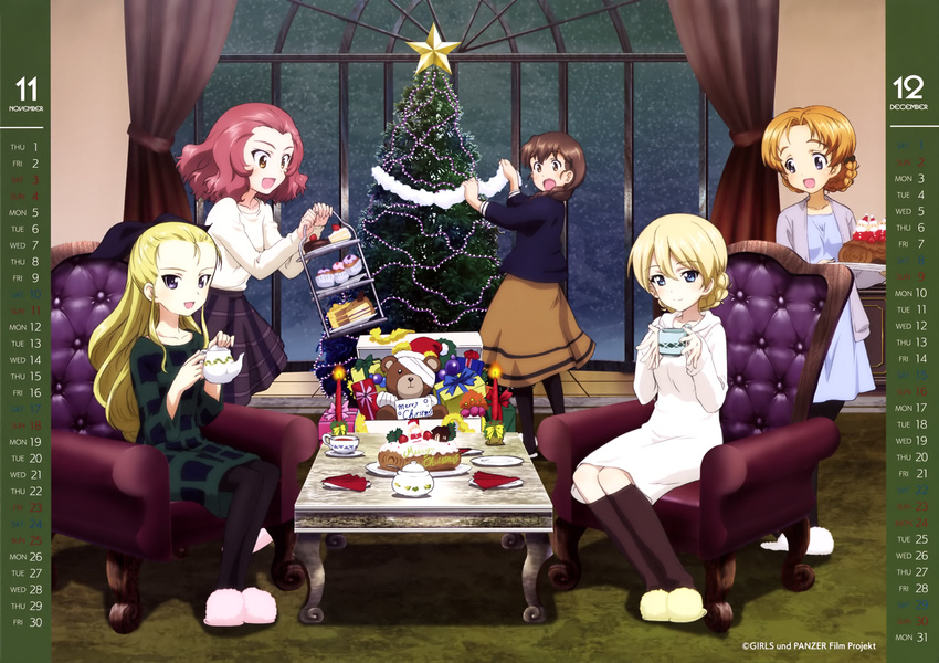 :d absurdres assam black_bow black_legwear black_ribbon black_skirt blonde_hair blue_dress blue_eyes boko_(girls_und_panzer) bow braid brown_eyes brown_hair brown_skirt cake calendar_(medium) christmas_tree copyright_name darjeeling dress eyebrows_visible_through_hair food girls_und_panzer green_dress hair_between_eyes hair_bow hair_ribbon highres holding indoors kneehighs looking_at_viewer merry_christmas multiple_girls night open_mouth orange_pekoe pantyhose red_hair ribbon rosehip rukuriri shirt short_dress short_hair side_braid single_braid sitting skirt smile snowing standing stuffed_animal stuffed_toy teddy_bear white_dress white_shirt window