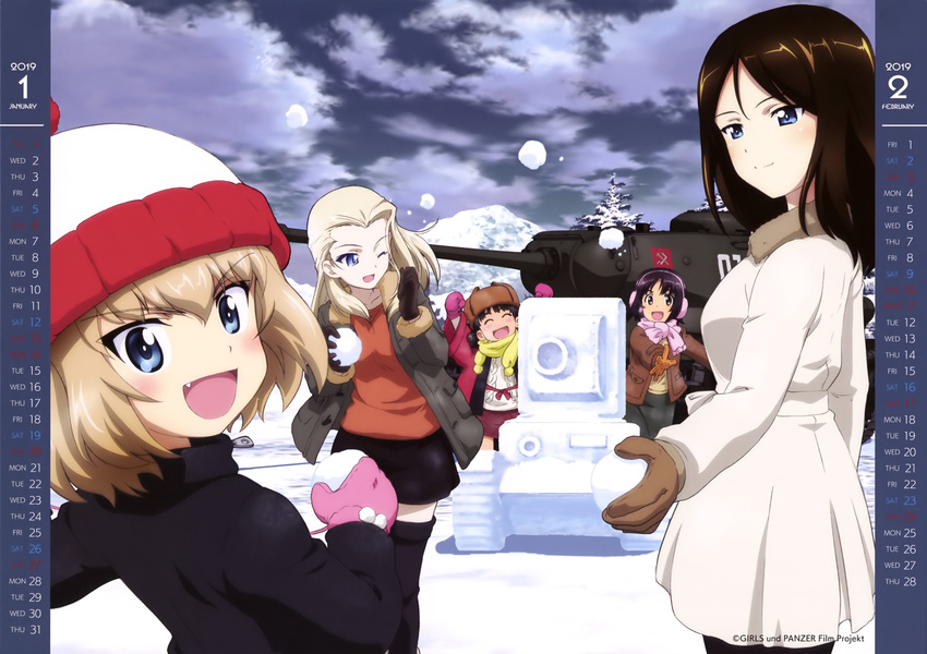 :d ;d absurdres alina_(girls_und_panzer) black_hair black_skirt blue_eyes blush boots brown_cardigan brown_footwear brown_gloves calendar_(medium) cardigan clara_(girls_und_panzer) cloud cloudy_sky emblem eyebrows_visible_through_hair fang girls_und_panzer gloves ground_vehicle hair_between_eyes hairband hands_up hat highres holding is-2 katyusha kv-2 long_hair looking_at_viewer military military_vehicle miniskirt motor_vehicle multiple_girls nina_(girls_und_panzer) nonna one_eye_closed open_cardigan open_clothes open_mouth orange_gloves orange_shirt outdoors pink_gloves pink_hairband pink_scarf pravda_(emblem) scarf shirt skirt sky smile snowball snowball_fight standing tank thigh_boots thighhighs white_cloak white_hat yellow_scarf zettai_ryouiki