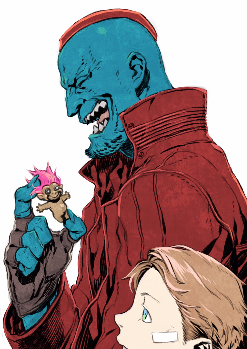 bandage_on_face blue_eyes blue_skin brown_hair facial_hair father_and_son fingerless_gloves gloves guardians_of_the_galaxy highres jacket laughing male_focus marvel miwa_shirou multiple_boys peter_quill red_jacket stubble troll_doll yondu_udonta younger