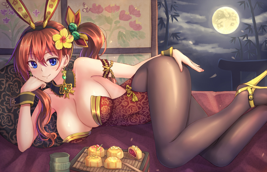 animal_ears bamboo bare_shoulders black_legwear blue_eyes blush breasts brown_hair bunny_ears bunny_girl bunnysuit cake cleavage closed_mouth commentary_request earrings fake_animal_ears food full_moon hairband high_heels highleg highleg_leotard highres jewelry large_breasts leotard long_hair looking_at_viewer lying mid-autumn_festival moon mooncake moonlight night on_side original pantyhose side_ponytail smile solo suikakitsu_shiro wrist_cuffs xia_you_qing