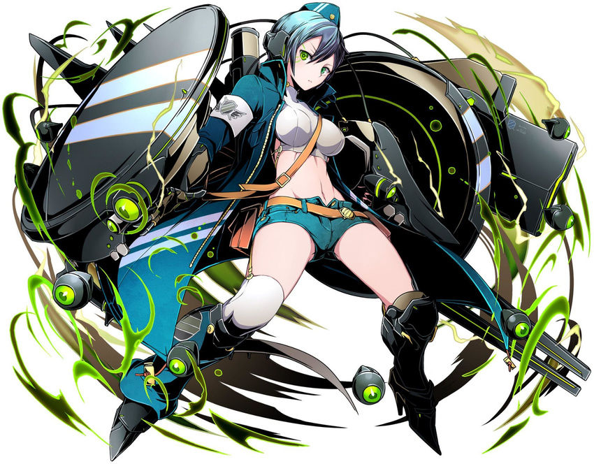 armor armored_boots asymmetrical_legwear black_footwear blue_hair blue_hat blue_shorts boots crop_top divine_gate garter_straps green_eyes hair_between_eyes hat highres knee_boots looking_at_viewer midriff navel short_hair short_shorts shorts simple_background solo stomach thighhighs ucmm white_background white_legwear