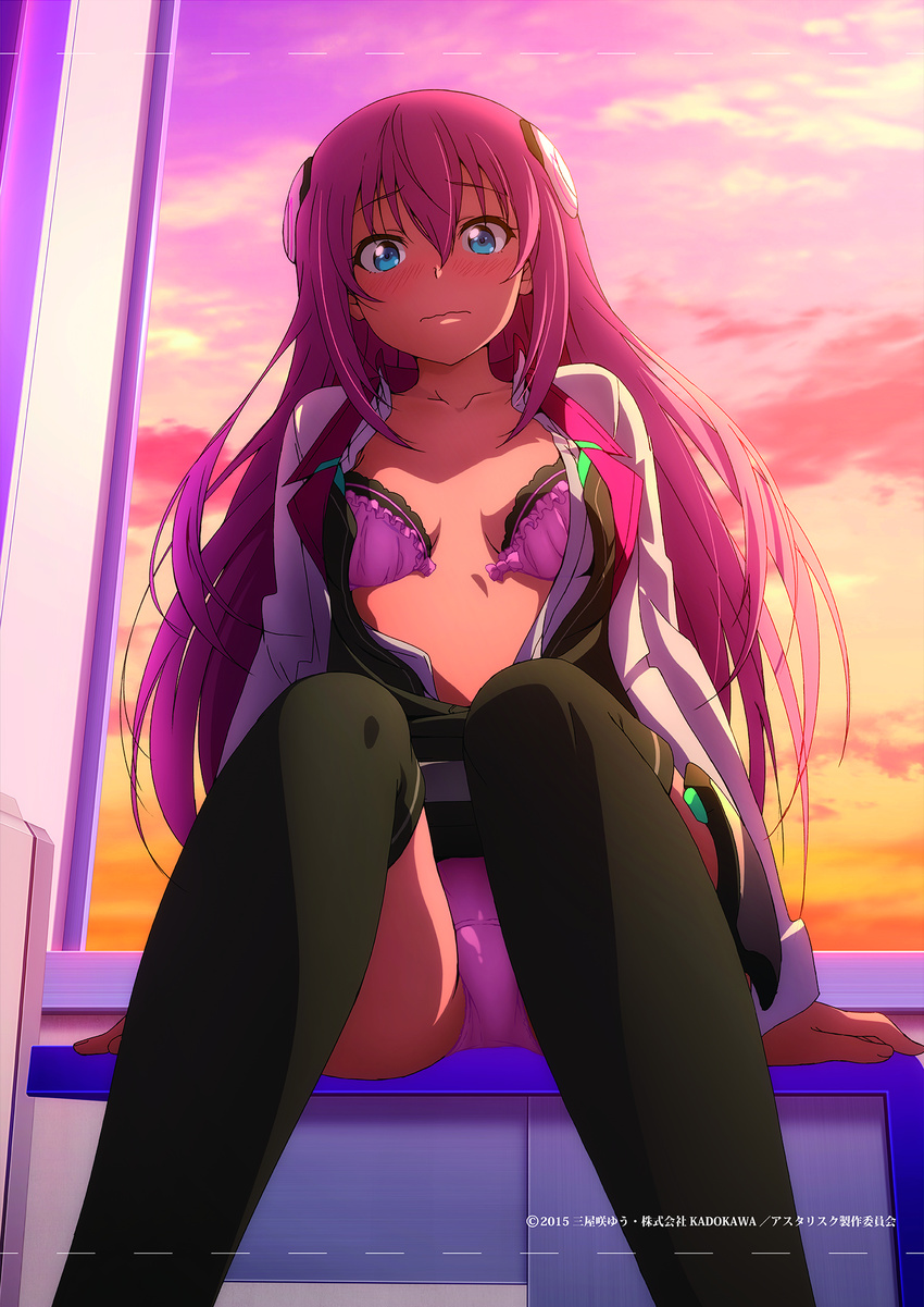 2015 arm_support armor bangs belt black_legwear blazer blue_eyes blush bra breasts cleavage cloud dress embarrassed faulds foreshortening frilled_bra frills gakusen_toshi_asterisk hair_between_eyes hair_ornament highres jacket julis-alexia_von_riessfeld kadokawa long_hair long_sleeves looking_at_viewer nakano_ruizu official_art open_blazer open_bra open_clothes open_dress open_jacket open_shirt panties pantyshot pantyshot_(sitting) pink_hair purple_bra purple_panties raised_eyebrows scan school_uniform shirt short_dress sitting sky small_breasts solo sunset thighhighs underwear very_long_hair wavy_mouth windowsill