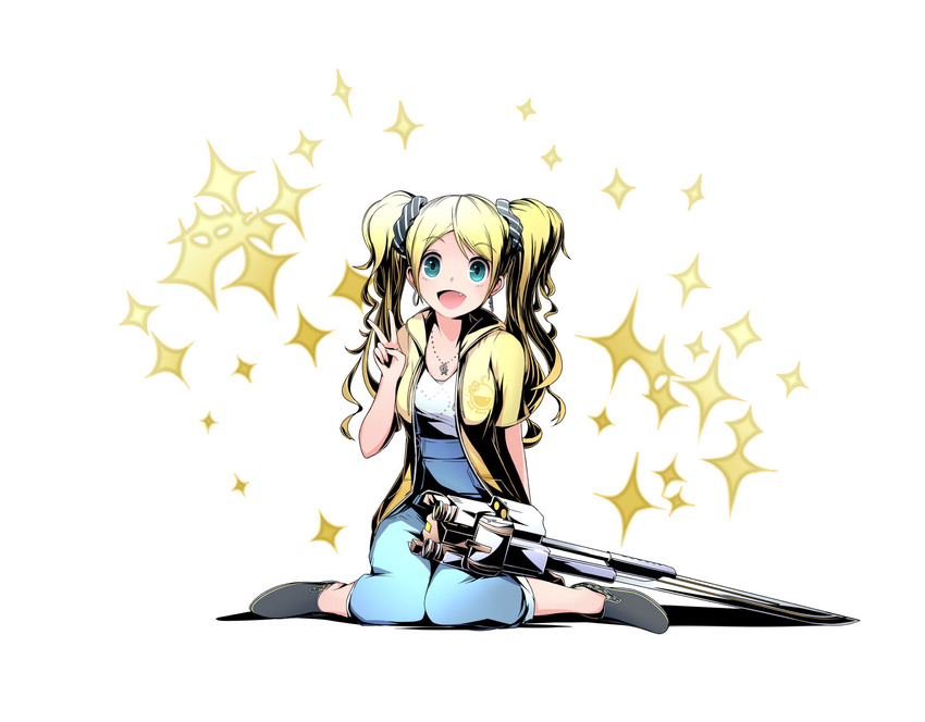 :d black_scrunchie blonde_hair blue_eyes blue_pants closed_eyes divine_gate fang hair_between_eyes hair_ornament hair_scrunchie highres jacket jewelry long_hair necklace open_clothes open_jacket open_mouth pants scrunchie shirt simple_background sitting smile solo striped striped_scrunchie twintails ucmm v very_long_hair white_background white_shirt yellow_jacket
