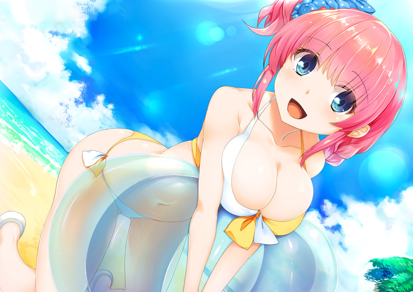 1girl :d all_fours asymmetrical_hair ball bangs beach beachball bikini blue_eyes braid breasts cleavage collarbone day eyebrows_visible_through_hair front-tie_bikini front-tie_top highres large_breasts lens_flare looking_at_viewer medium_hair navel ocean open_mouth original outdoors pink_hair pinkarage side-tie_bikini side_braid side_ponytail sky smile solo sorano_(12gou) swimsuit swimsuits two-tone_bikini v_arms white_bikini white_footwear yellow_bikini