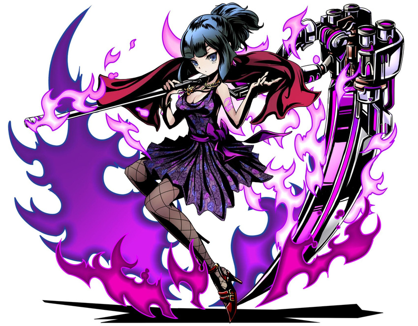 black_hair blue_eyes breasts brown_legwear cleavage divine_gate dress eyebrows_visible_through_hair fire full_body high_heels high_ponytail highres holding holding_weapon jewelry long_hair looking_at_viewer medium_breasts necklace pantyhose purple_dress red_footwear scythe shadow short_dress simple_background sleeveless sleeveless_dress solo ucmm weapon white_background