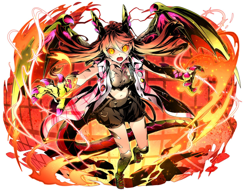 black_shorts crop_top divine_gate dragon_wings fang floating_hair full_body hair_between_eyes highres horns kneehighs long_hair looking_at_viewer midriff navel open_mouth orange_sclera red_hair short_shorts shorts simple_background slit_pupils solo stomach tail ucmm very_long_hair white_background wings yellow_eyes yellow_wings