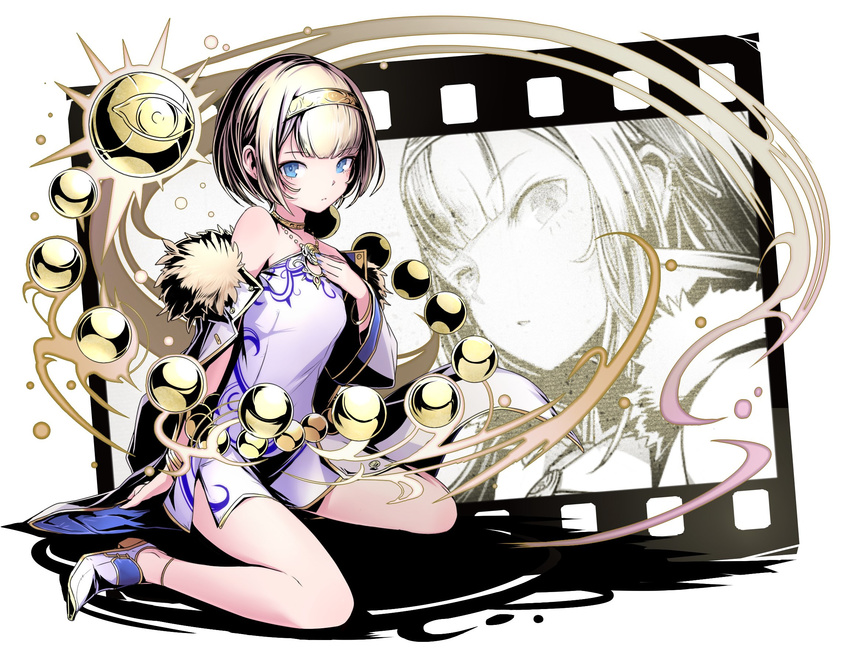 blonde_hair blue_eyes collarbone divine_gate dress hairband highres kneeling looking_at_viewer parted_lips shadow short_dress short_hair simple_background sitting sleeveless sleeveless_dress solo ucmm white_background white_dress yellow_hairband