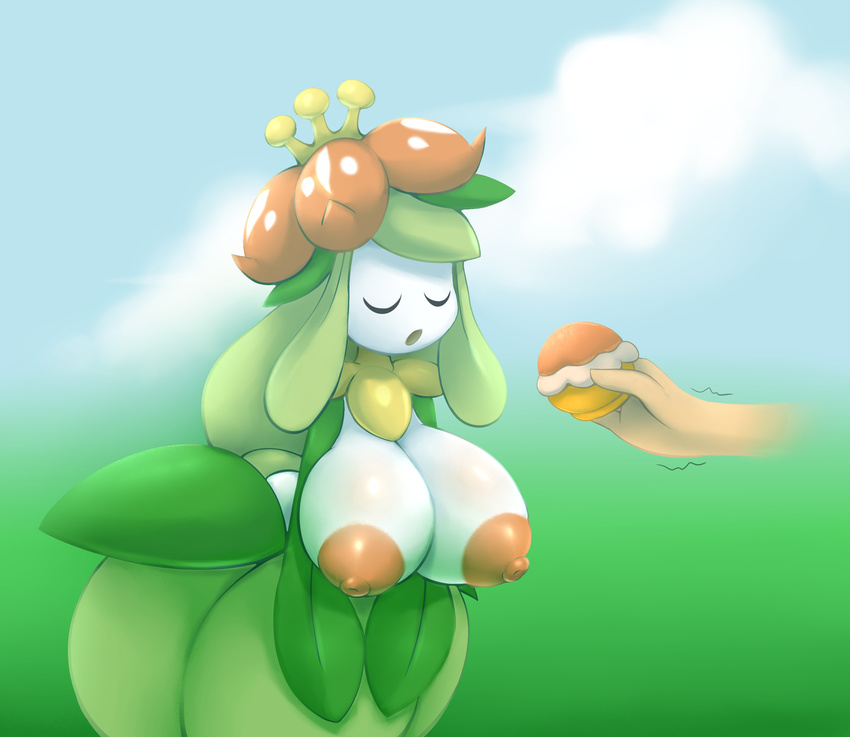anthro big_breasts breasts clothed clothing elfdrago eyes_closed female flora_fauna food human lilligant mammal nintendo nipples not_furry pastry plant pok&eacute;mon pok&eacute;mon_(species) pok&eacute;morph pseudo_clothing solo_focus topless video_games white_skin
