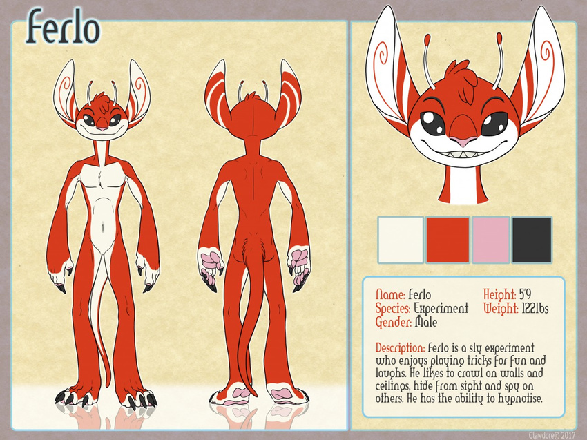 &copy; 2017 4_toes 5_fingers alien antennae anthro athletic black_claws black_eyes chest_tuft clawdore claws color_swatch dipstick_antennae disney english_text experiment_(species) fan_character ferlo front_view fur head_tuft lilo_and_stitch model_sheet no_sclera orange_fur pawpads pink_nose pink_pawpads rear_view smile standing text toe_claws toes tuft white_fur