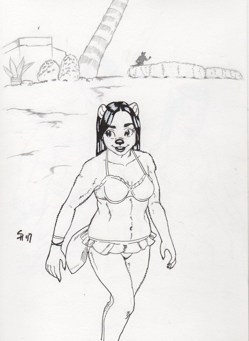 ambiguous_gender anthro beach beaver bikini clothing constance_johnson dreadwolfclaw1990 duo female ink inking inktober mammal rodent seaside sketch slightly_chubby smile solo_focus swimsuit walking wristband