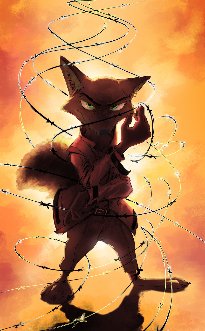 2017 anthro barbed_wire barefoot belt canine cheek_tuft clothed clothing disney fanfic_art fox green_eyes looking_at_viewer male mammal nick_wilde pose solo thewyvernsweaver tuft zootopia