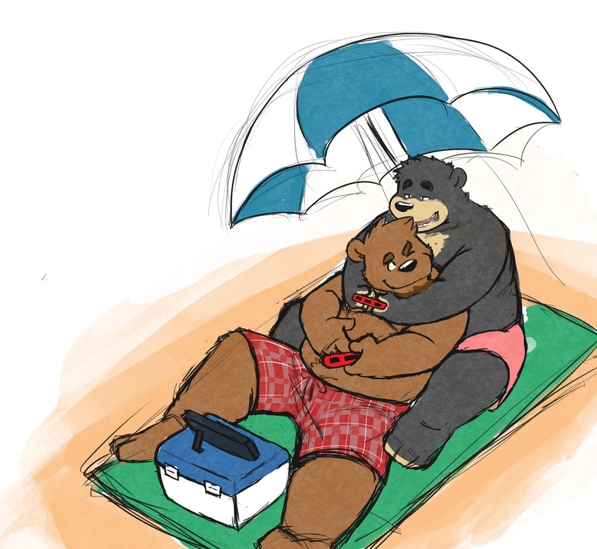 2017 anthro beach bear beard black_fur brown_fur clothing duo facial_hair fur hashburrowns hug hugging_from_behind lazycookieburr looking_back male mammal one_eye_closed open_mouth outside seaside shorts simple_background sitting slightly_chubby smile swimming_trunks swimsuit tan_fur teeth towel umbrella video_games white_background wink