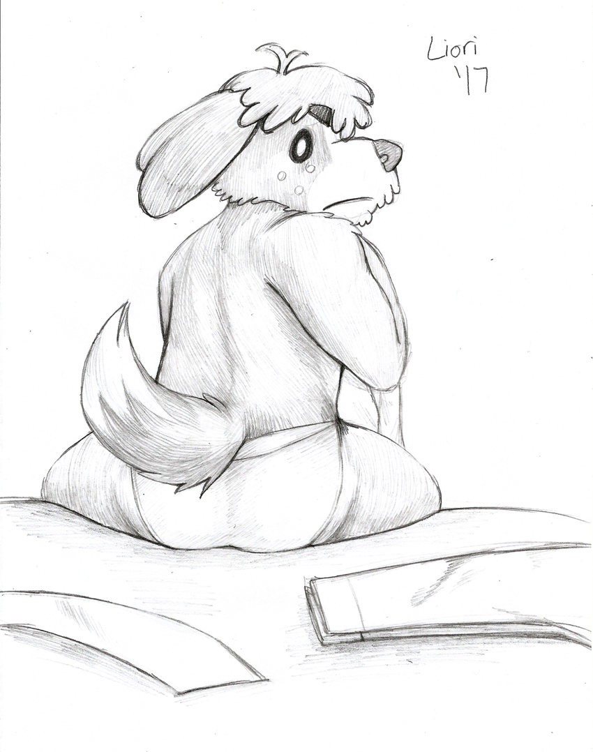 animal_crossing better_version_at_source briefs butt clothing digby_(animal_crossing) liori monochrome nintendo simple_background sitting tighty_whities traditional_media_(artwork) underwear video_games white_background white_underwear