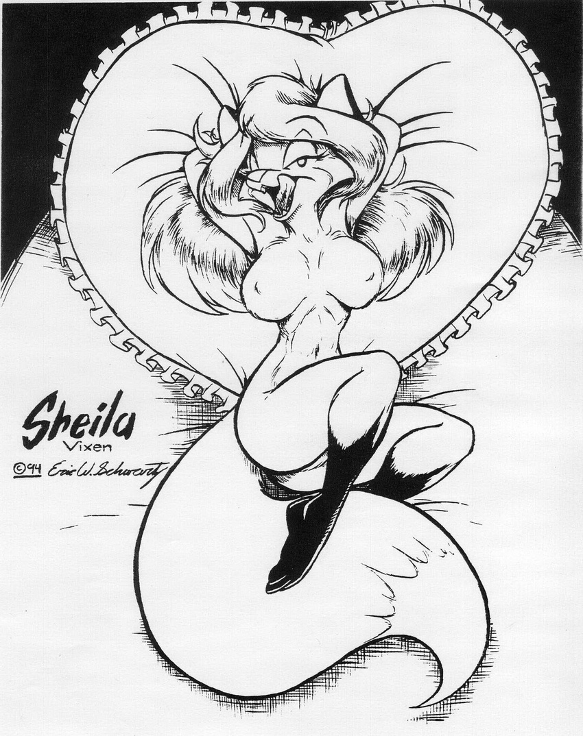1994 anthro bed bedroom_eyes big_breasts breasts canine eric_schwartz female fluffy fluffy_tail fox fur hair half-closed_eyes hi_res licking licking_lips line_art long_hair lying mammal monochrome naturally_censored navel nipple_tuft nude on_back on_bed seductive sheila_vixen solo tongue tongue_out tuft