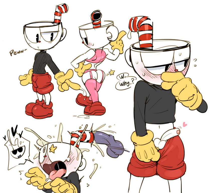 &lt;3 ahegao animate_inanimate balls bottomless clothed clothing crossdressing cuphead_(character) cuphead_(game) disembodied_penis gloves humanoid looking_pleasured male male/male male_penetrating not_furry object_head penis rusianz sweat tagme