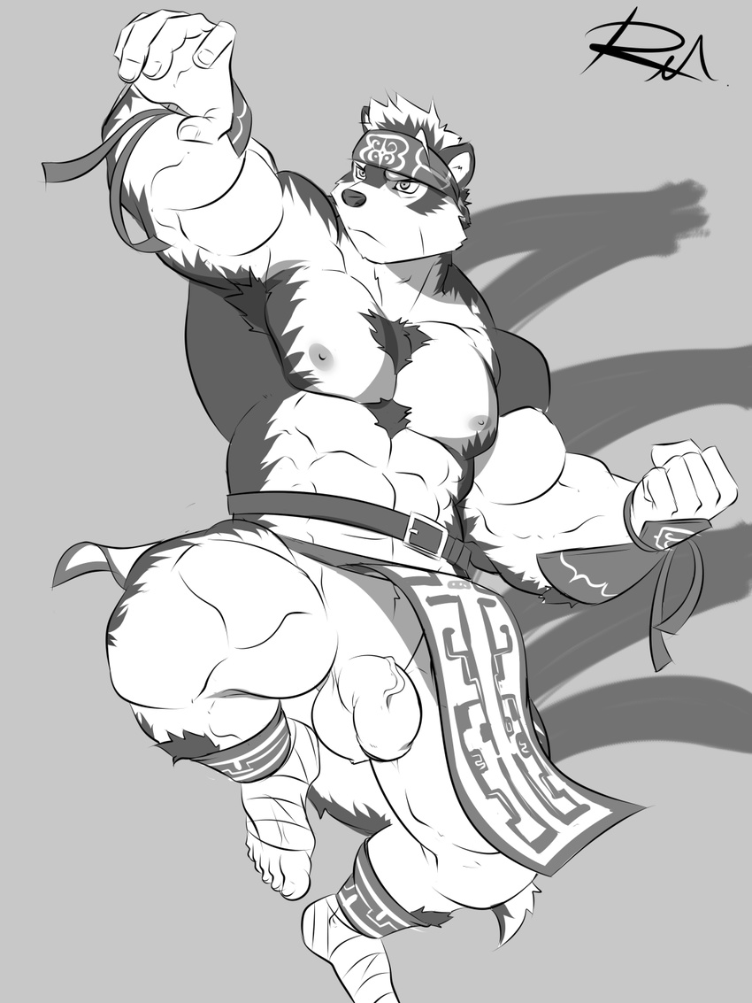 2017 action_pose armor artist_signature balls belt black_and_white body_hair canine chest_hair clothing flaccid foreskin headband horkeukamui loincloth male male_focus mammal monochrome muscular muscular_male nipples penis poking_out reclamon solo tokyo_afterschool_summoners vein veiny_penis wolf
