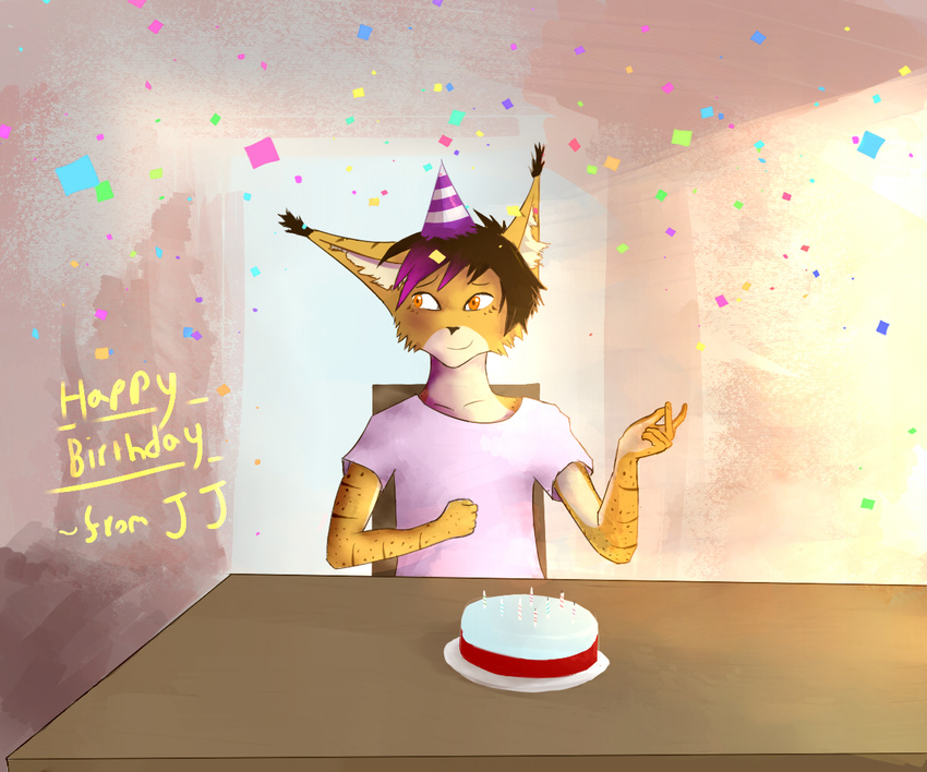 arlen birthday breakfast bruskit cake candle cat clothing confetti feline food gift hat lynx mammal party_hat shirt simple_background smile table