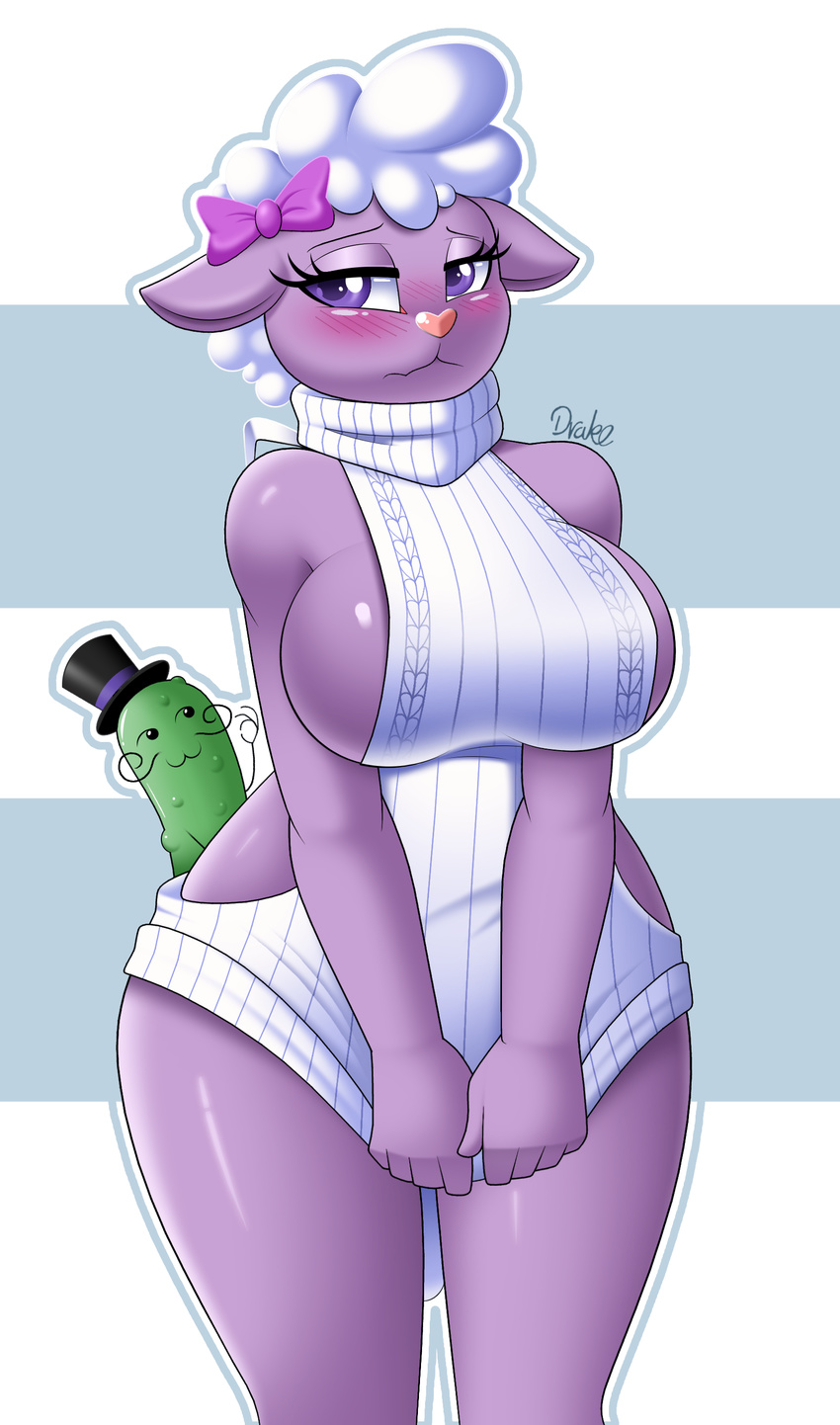 2017 absurd_res anthro beep_beep_i'm_a_sheep big_breasts blush bottomless bow breasts caprine cleavage clothed clothing digital_media_(artwork) drako1997 eyelashes facial_hair female food_creature fur hair_bow hair_ribbon happy_tree_friends hat hi_res lammy_(htf) looking_at_viewer male mammal mr._pickels_(htf) mustache partially_clothed pickle purple_eyes purple_skin ribbons sheep shy side_boob simple_background smile standing sweater thick_thighs top_hat virgin_killer_sweater white_fur