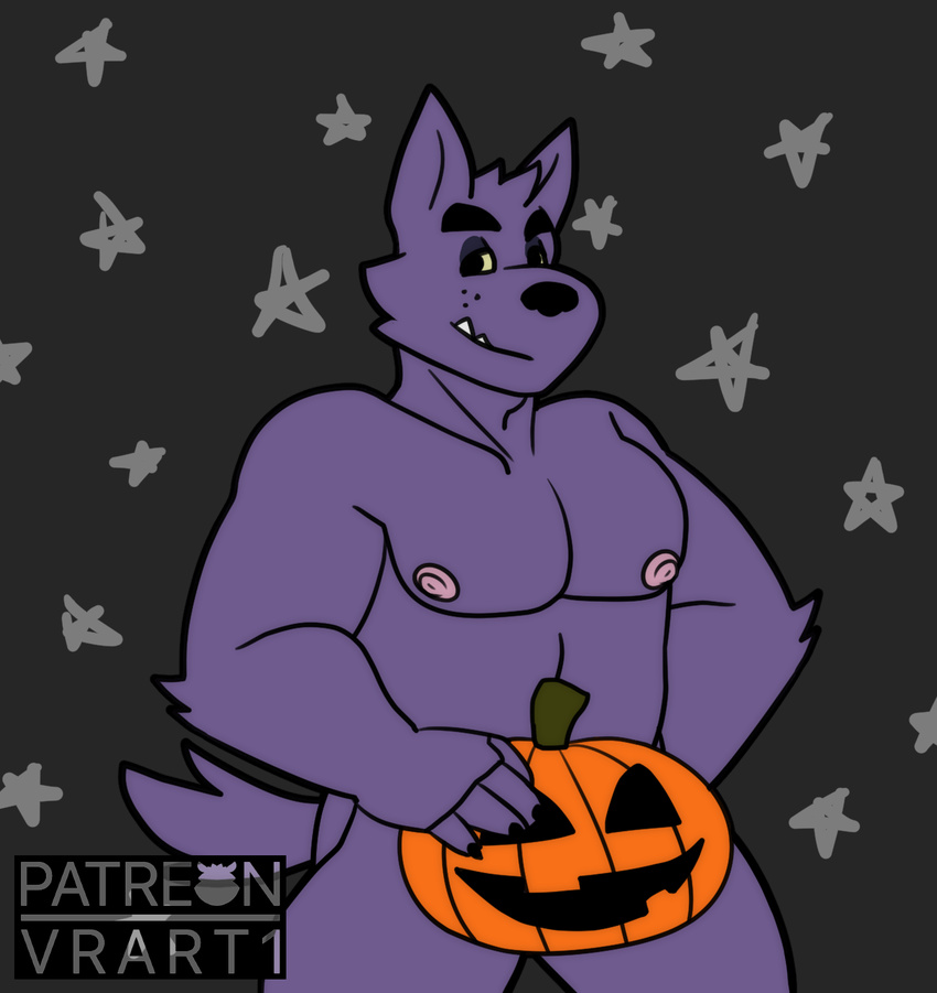 2017 5_fingers anthro bernard_(ok_k.o.!_lbh) biceps black_claws black_eyes black_nose canine cartoon_network chest_tuft claws digital_media_(artwork) fangs food front_view fruit fur halloween hand_on_hip holding_object holidays looking_at_viewer male mammal muscular nipples nude ok_k.o.!_let's_be_heroes pecs pumpkin purple_fur solo standing star teeth tuft v--r were werewolf yellow_sclera