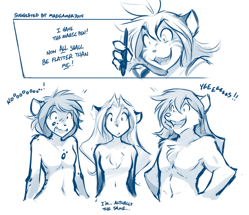 2017 ambiguous_gender anthro breaking_the_fourth_wall breasts canine casual_nudity chest_tuft dialogue english_text feline female flat_chested flora_(twokinds) fox fur group hair happy holding_object hybrid insane kathrin_(twokinds) keidran laura_(twokinds) magic mammal monochrome natani nude open_mouth pen screaming shocked simple_background sketch small_breasts smile spots spotted_fur striped_fur stripes text tiger tom_fischbach transformation tuft twokinds webcomic white_background wolf yelling