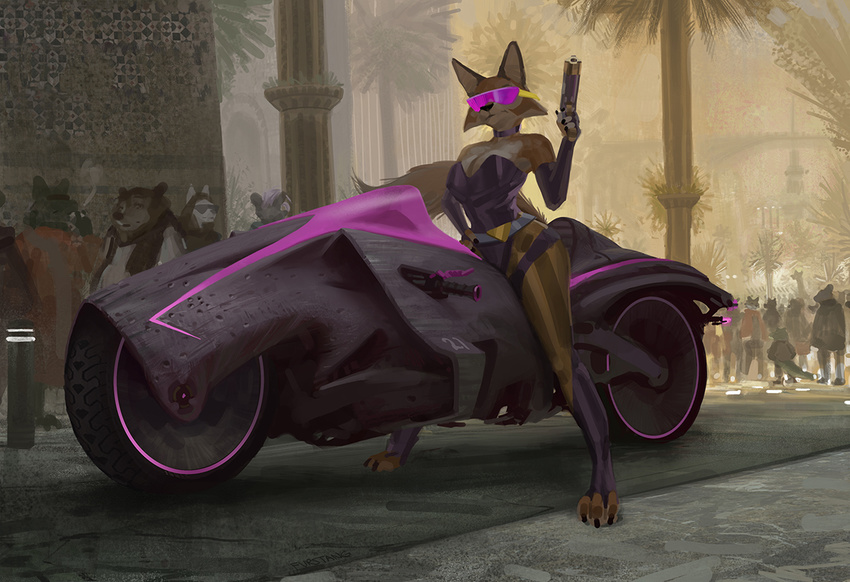 anthro breasts canine city cleavage clothed clothing crowd detailed_background eyewear female fox frown furstang future group gun handgun mammal meika_(rimba_racer) motorcycle outside paws pistol ranged_weapon rimba_racer scenery solo_focus sunglasses vehicle weapon