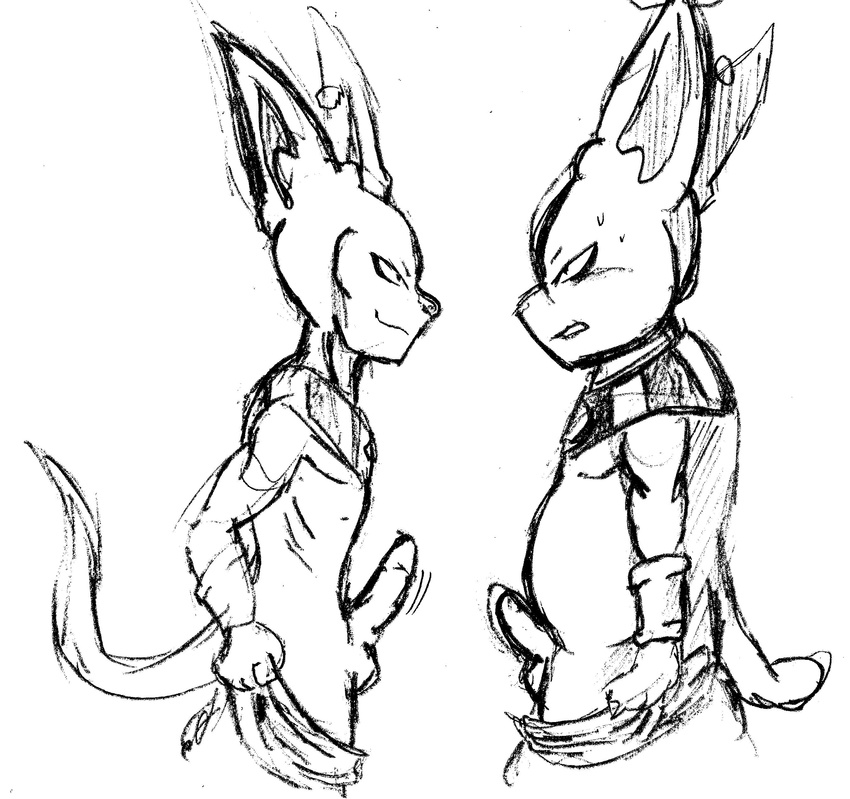 absurd_res anthro balls beerus black_and_white champa clothing dragon_ball dragon_ball_super duo erection feline hi_res male mammal monochrome penis penis_size_difference simple_background sketch sweat undressing white_background