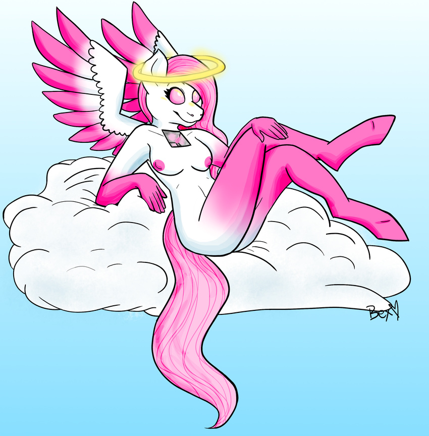2017 anthro anthrofied areola breasts butt digital_media_(artwork) eden_rose equine fan_character feathered_wings feathers female flame_light_pony hair halo hi_res jolteonkitty looking_at_viewer mammal multicolored_hair my_little_pony nipples nude pegasus simple_background smile solo wings