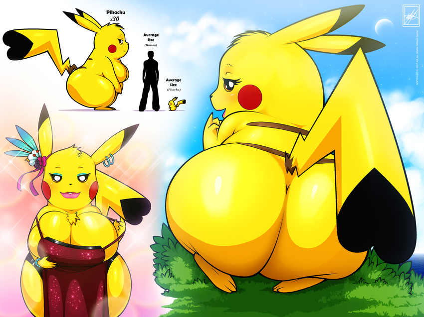 &lt;3_tail absurd_res ambiguous_gender big_breasts big_butt black_fur blush breasts brown_fur busty_feral butt cleft_tail clothing cosplay_pikachu dress ear_piercing eyelashes feet female feral fingers fur grass hi_res human lips lipstick looking_at_viewer makeup mammal nintendo piercing pikachu pok&eacute;mon pok&eacute;mon_(species) ribbons signature size_difference smile underwear video_games walter_sache yellow_fur
