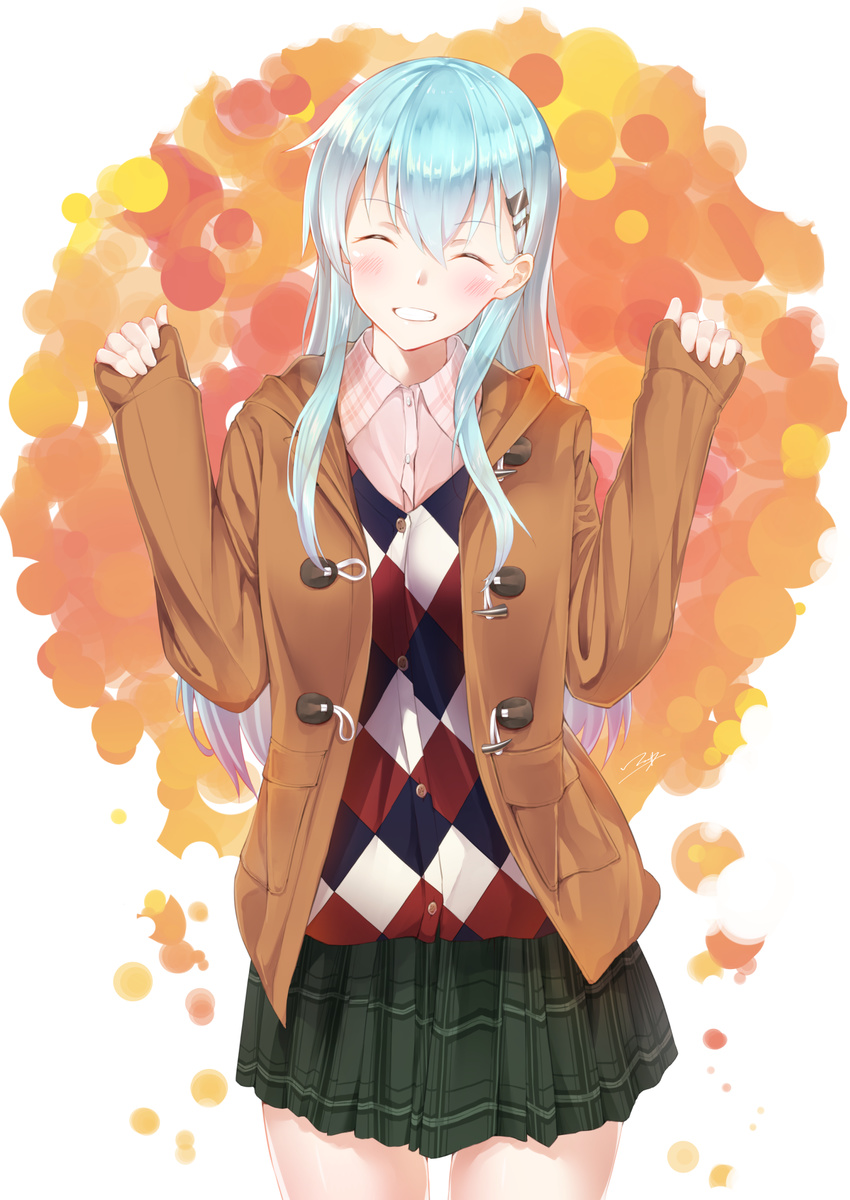 :d ^_^ ^o^ alternate_costume aqua_hair argyle argyle_sweater bangs blush casual closed_eyes coat commentary_request cowboy_shot duffel_coat facing_viewer green_skirt hair_ornament hairclip hands_up head_tilt highres kantai_collection long_hair long_sleeves miniskirt multicolored multicolored_background open_clothes open_coat open_mouth pink_shirt plaid plaid_skirt pleated_skirt shirt sidelocks skirt sleeves_past_wrists smile solo standing suzuya_(kantai_collection) sweater w_arms yukai_nao