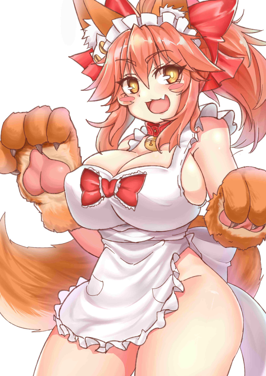 :3 absurdres animal_ears apron bell bell_collar blush_stickers breasts cleavage collar covered_nipples fang fate/extra fate/grand_order fate_(series) fox_ears fox_tail gloves hair_ribbon highres jpeg_artifacts large_breasts long_hair looking_at_viewer maid_headdress naked_apron open_mouth paw_gloves paws pink_hair ribbon sideboob simple_background solo tail tamamo_(fate)_(all) tamamo_cat_(fate) thighs togin white_background yellow_eyes