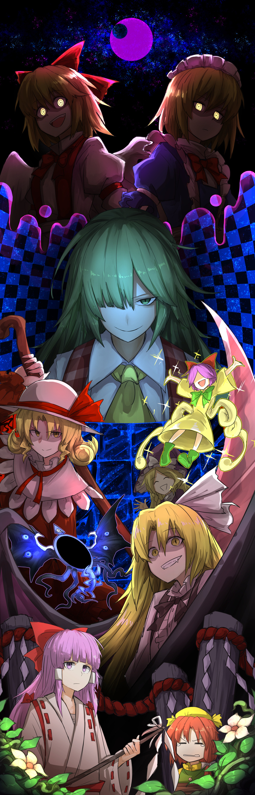 :d ^_^ absurdres ascot bangs black_neckwear blonde_hair blue_dress blunt_bangs bound bow braid capelet checkered checkered_background closed_eyes crazy_smile crescent_moon curly_hair dress elly everyone expressionless fang fangs flower gengetsu glowing glowing_eyes gohei green_footwear green_hair green_neckwear grin hair_bow hair_over_one_eye hair_tubes hakurei_reimu hakurei_reimu_(pc-98) hat hat_ribbon highres japanese_clothes kan_(aaaaari35) kazami_yuuka kazami_yuuka_(pc-98) kirisame_marisa kirisame_marisa_(pc-98) kurumi_(touhou) leaf long_hair looking_at_viewer lotus_land_story maid_headdress miko mirror moon mugetsu multiple_girls onbashira one_eye_covered open_mouth orange_(touhou) orange_hair outstretched_arms plaid plaid_vest purple_hair purple_hat red_bow red_dress red_neckwear rengeteki ribbon rope shaded_face shirt short_hair side_braid single_braid smile sparkle spread_arms suspenders tearing_up tentacles tied_up touhou touhou_(pc-98) vest white_bow white_hat white_shirt witch_hat yellow_dress yellow_hat yellow_neckwear