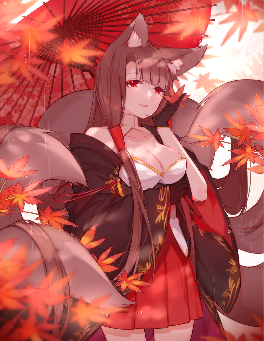 absurdres akagi_(azur_lane) animal_ears autumn_leaves azur_lane black_gloves blurry breasts brown_hair cleavage commentary_request depth_of_field eyeshadow fox_ears fox_tail gloves hair_tubes highres long_hair looking_at_viewer makeup medium_breasts miyuki_(miyuki0529) multiple_tails oriental_umbrella parted_lips pleated_skirt red_eyes skirt smile solo tail umbrella