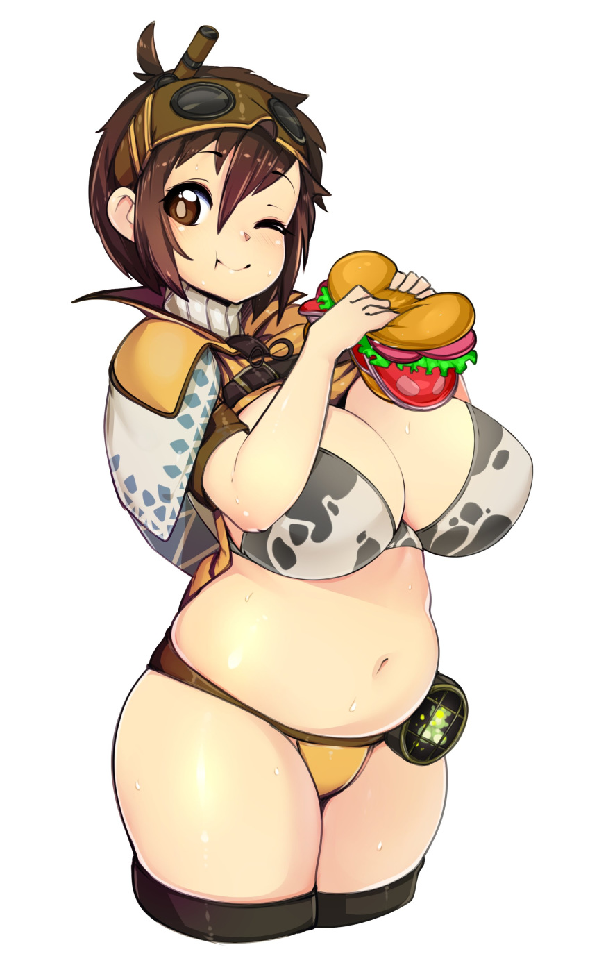 :t absurdres animal_print belly bra breasts brown_eyes brown_hair cleavage cow_print cropped_legs eating eyebrows_visible_through_hair food goggles goggles_on_head handler_(monster_hunter_world) highres huge_breasts legs_together looking_at_viewer monster_hunter monster_hunter:_world navel one_eye_closed panties plump sandwich shiny shiny_skin short_hair simple_background skindentation slugbox smile solo standing stomach sweat thick_thighs thighhighs thighs underwear white_background