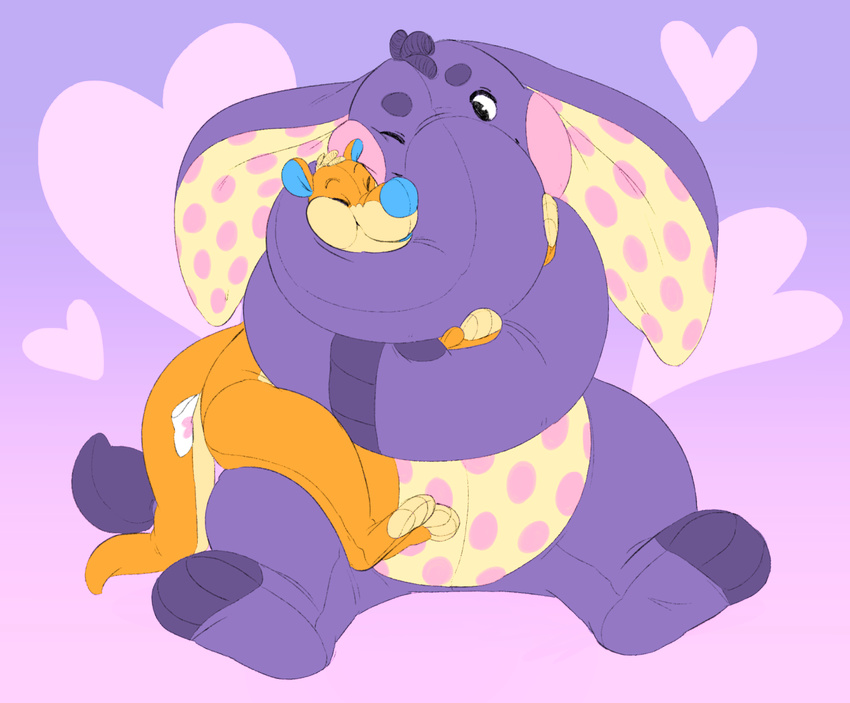 &lt;3 2017 abstract_background ambiguous_gender animate_inanimate anthro biped blue_nose cubi digital_drawing_(artwork) digital_media_(artwork) duo elephant embracing eyes_closed hi_res hug living_plush mammal mustelid nude one_eye_closed pink_background plushie simple_background smile spots weasel woozle