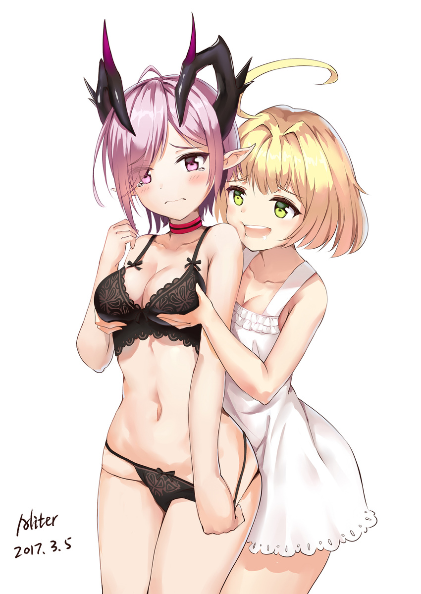 :d ahoge aliter artist_name black_bra black_panties blonde_hair bow bow_panties bra breast_grab breast_lift breasts bullying choker cleavage closed_mouth dated demon_horns drooling grabbing grabbing_from_behind green_eyes highres horns lavender_eyes lavender_hair lingerie medium_breasts multiple_girls nightgown open_mouth oskulolu panties pointy_ears shironeko_project short_hair simple_background smile smug soara_(shironeko_project) tears underwear underwear_only wavy_mouth white_background yuri