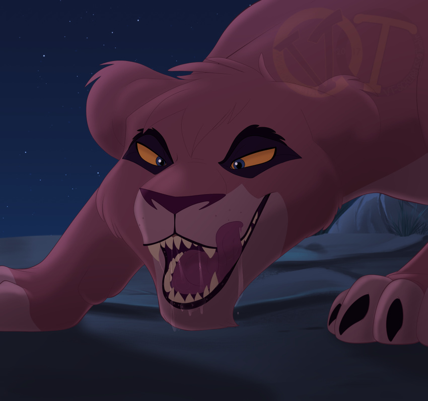 black_lips blue_eyes brown_fur claws disney distracting_watermark feline female feral fur hi_res licking licking_lips lion mammal mouth_shot nyum-nums saliva solo star teeth the_lion_king tongue tongue_out toony vitani watermark