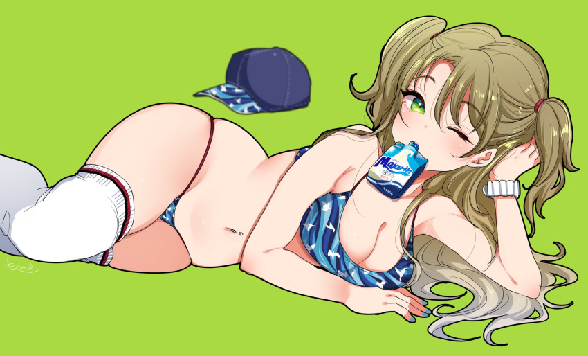 animal_print bikini bird_print blonde_hair blue_bikini blue_nails blush breasts cleavage green_background green_eyes groin hat highres long_hair looking_at_viewer lying medium_breasts mojarin_(kihara_mojarin) nail_polish navel navel_piercing on_side one_eye_closed original piercing simple_background solo swimsuit thighhighs twintails white_legwear