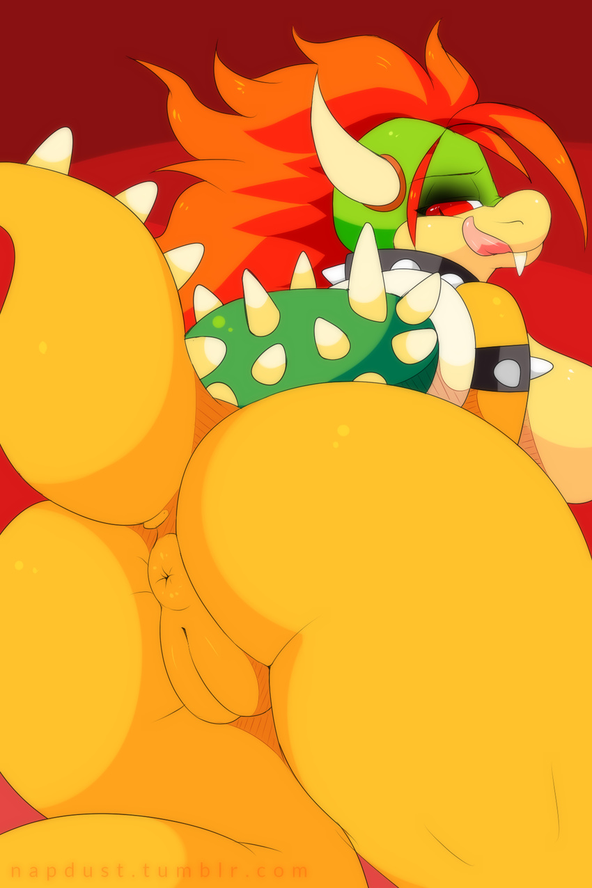 2017 anthro anus big_butt bowser breasts butt crossgender digital_drawing_(artwork) digital_media_(artwork) female hair hi_res horn koopa looking_at_viewer looking_back mario_bros napdust nintendo nude presenting presenting_hindquarters pussy scalie simple_background solo spikes tongue video_games wide_hips