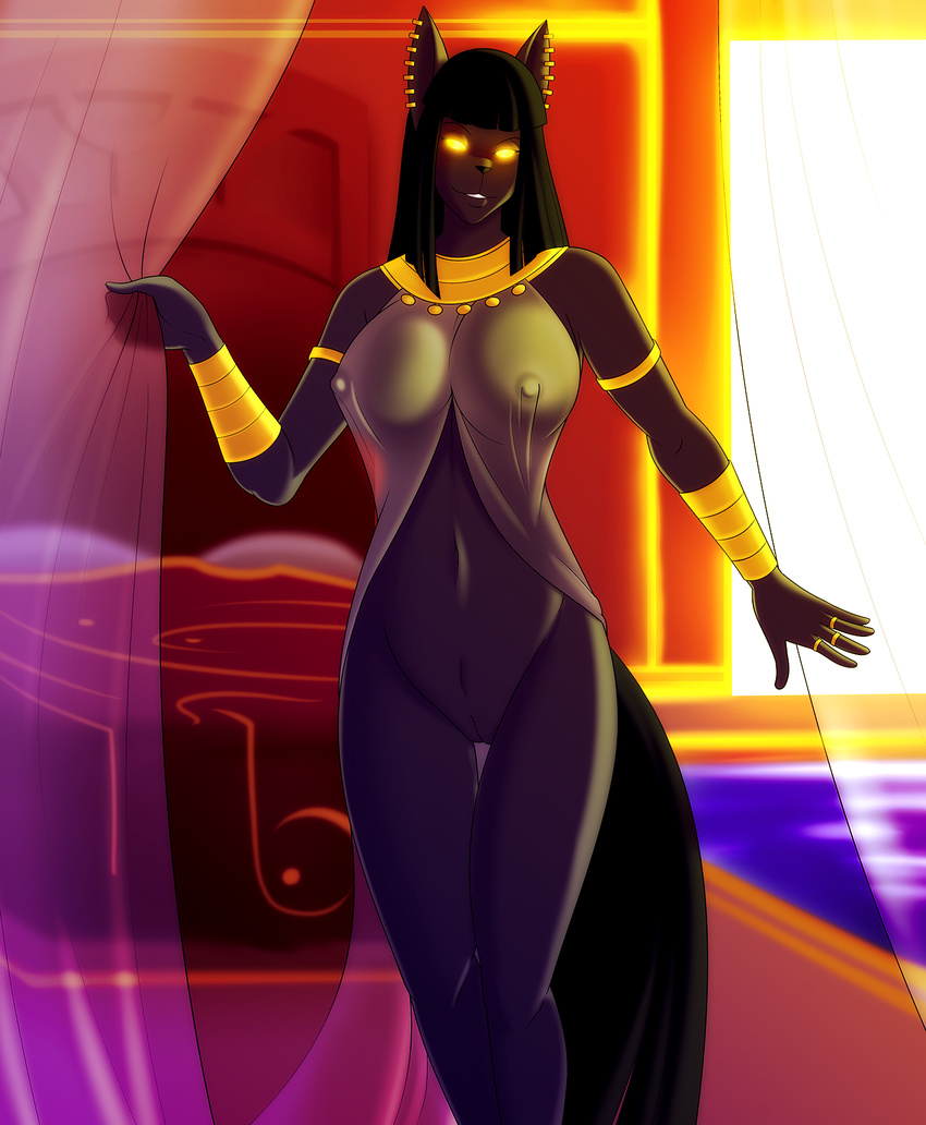 2015 anthro anubian_jackal bed big_breasts black_hair bottomless bracelet breasts canine clothed clothing curtains drapes ear_piercing egyptian female glowing glowing_eyes gold_(metal) gold_jewelry hair hi_res jackal jewelry looking_at_viewer mammal marik_azemus34 nightshade_(kadath) nipples nude piercing pose pussy ring sheer_clothing solo swimming_pool translucent transparent_clothing water yellow_eyes