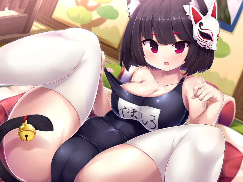 animal_ears ass azur_lane black_hair breasts cat_ears cat_mask cat_tail cleavage commentary_request large_breasts looking_at_viewer lying mask mask_on_head name_tag one-piece_swimsuit red_eyes school_swimsuit short_hair solo swimsuit tail tatuyayosi yamashiro_(azur_lane)