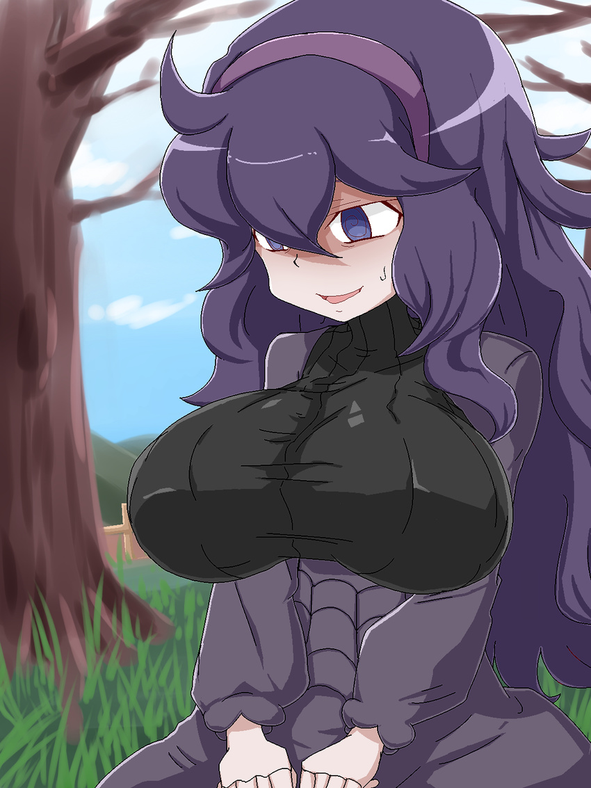 1girl @_@ ahoge al_bhed_eyes aliasing blue_sky breasts cloud day dress grass hands_together headband hex_maniac_(pokemon) highres large_breasts long_hair long_sleeves looking_down matching_hair/eyes npc npc_trainer outdoors pokemon pokemon_(game) pokemon_xy purple_dress purple_eyes purple_hair sitting sky tamanegi009 tree turtleneck turtleneck_dress