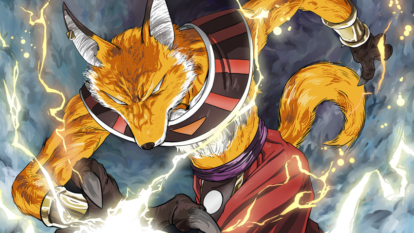 animal_ears bracelet cloud cloudy_sky dragon_ball dragon_ball_super earrings electricity fox_ears fox_tail furry greymon_(nodoame1215) highres jewelry liquiir male_focus sky solo tail