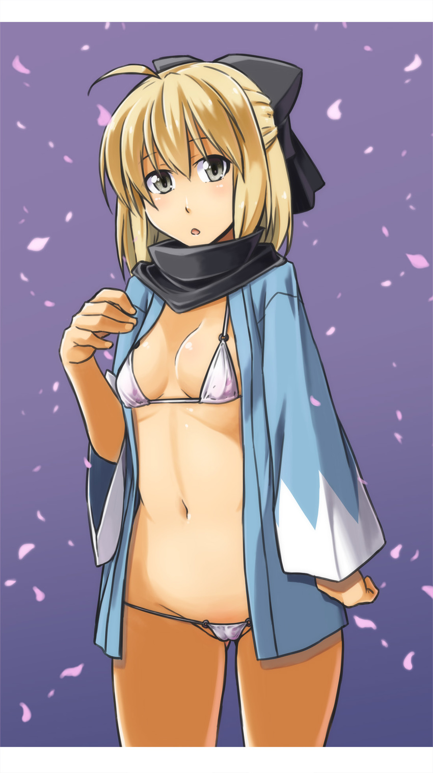 :o ahoge alto-00 ass_visible_through_thighs bikini black_bow blonde_hair bow cowboy_shot fate/grand_order fate_(series) gradient gradient_background grey_eyes hair_bow highres japanese_clothes letterboxed micro_bikini navel okita_souji_(fate) okita_souji_(fate)_(all) petals scarf solo standing swimsuit