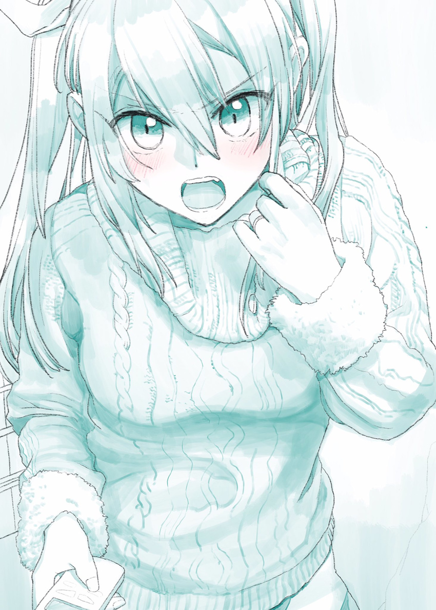 aqua blush collar_tug commentary controller ears_visible_through_hair eyebrows_visible_through_hair frown hair_between_eyes highres jewelry kantai_collection long_hair long_sleeves looking_at_viewer monochrome open_mouth remote_control ring solo spot_color sweater teeth tone_(kantai_collection) turtleneck turtleneck_sweater twintails upper_body wedding_band yami_(m31)